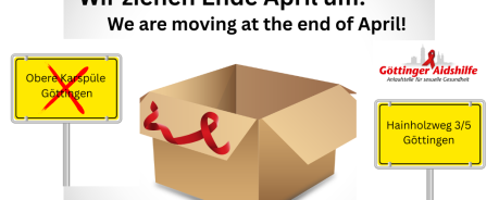 Das Bild zeigt einen Umzugskarton und informiert, dass die G&ouml;ttinger Aidshilfe Ende April von der Oberen Karsp&uuml;le in den Hainholzweg 3/5 in G&ouml;ttingen umziehen wird.